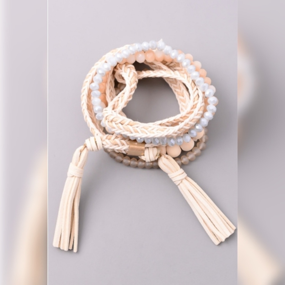 Ivory Wooden Beads & Tassels Bracelet Set